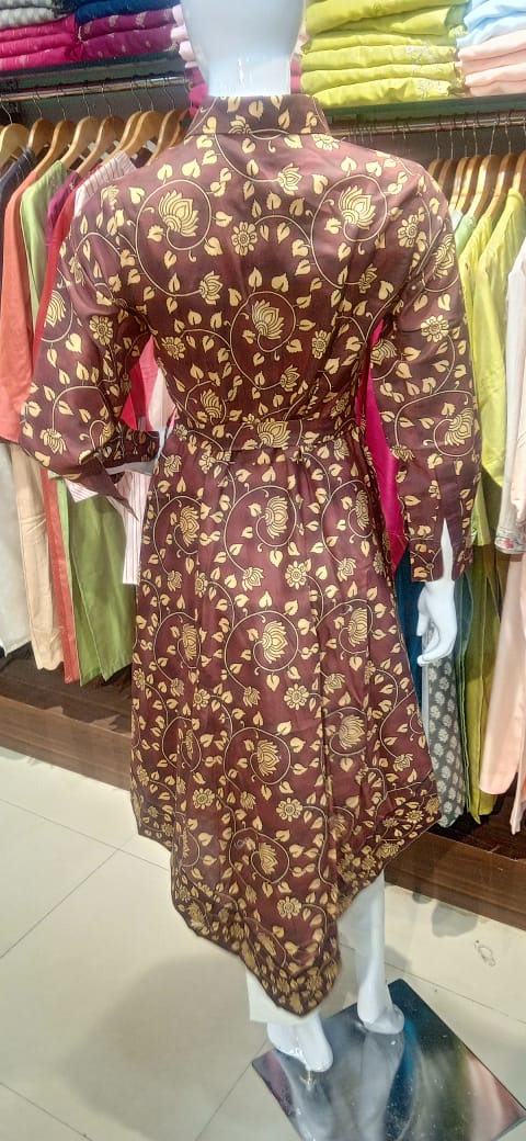 Maroon & Gold Floral Print Asymmetrical Shirt Dress