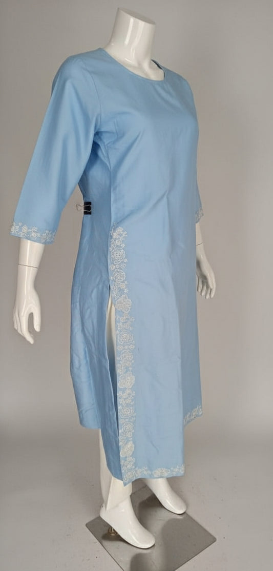 The Celestial Hand-Embroidered Powder Blue Viscose-Cotton Straight Kurta