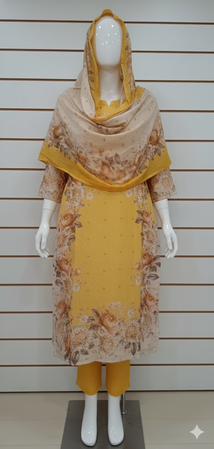 Cotton Silk Digitally Printed Suit Set With Hand Embroidery Detailing