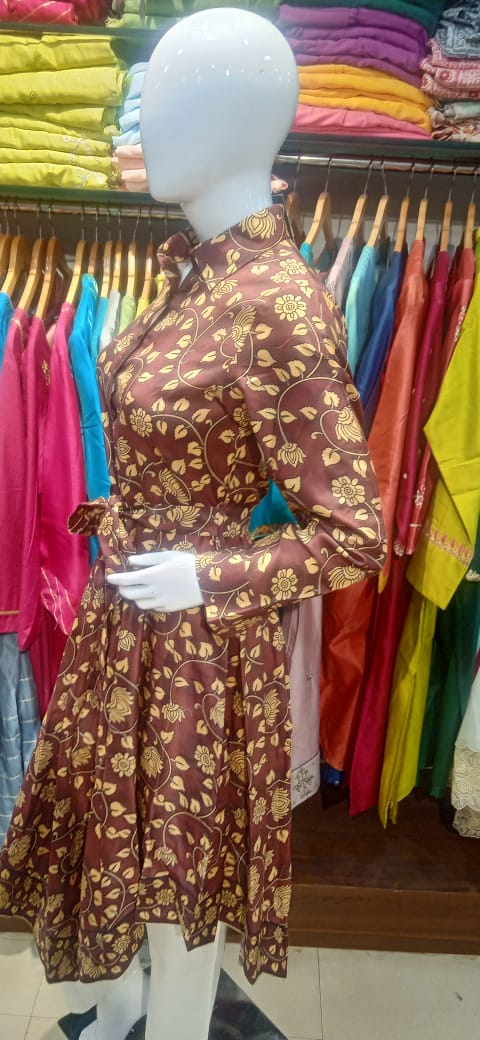 Maroon & Gold Floral Print Asymmetrical Shirt Dress