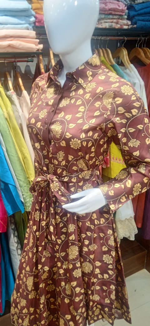 Maroon & Gold Floral Print Asymmetrical Shirt Dress