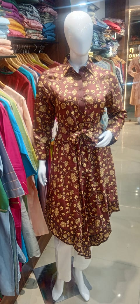Maroon & Gold Floral Print Asymmetrical Shirt Dress