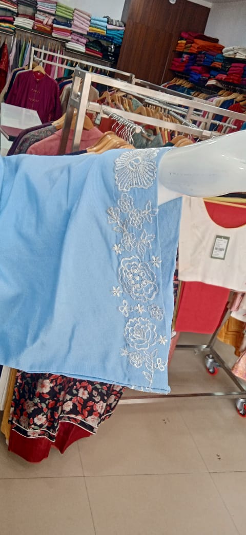The Celestial Hand-Embroidered Powder Blue Viscose-Cotton Straight Kurta