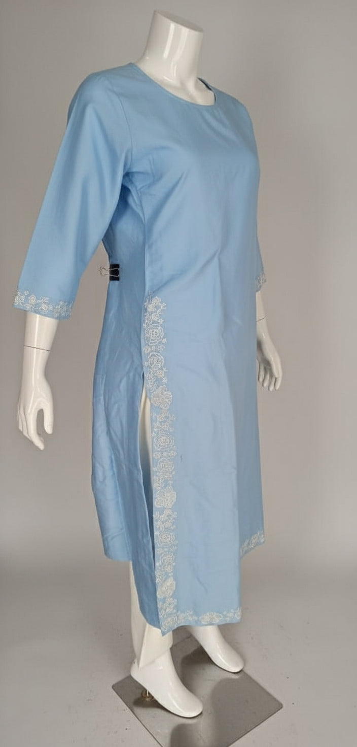 The Celestial Hand-Embroidered Powder Blue Viscose-Cotton Straight Kurta