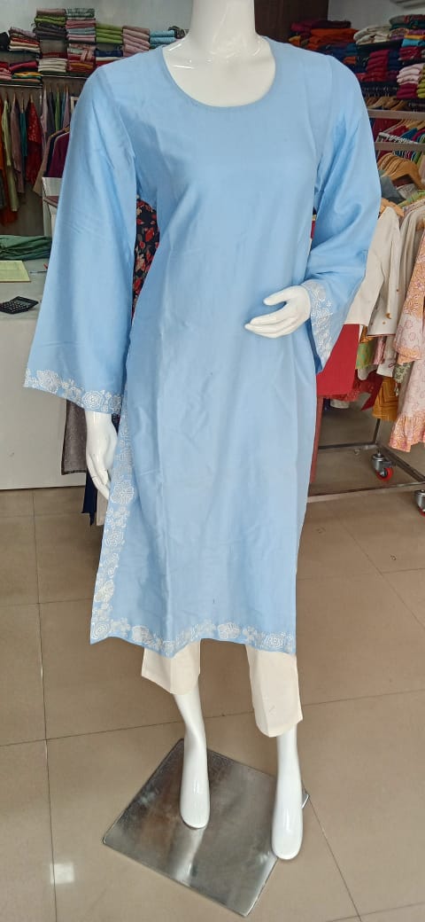 The Celestial Hand-Embroidered Powder Blue Viscose-Cotton Straight Kurta