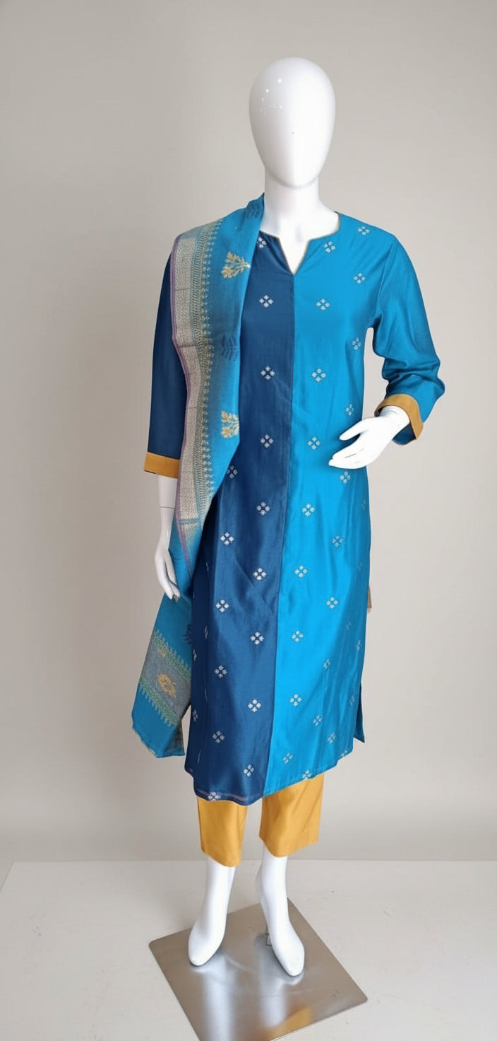 Timeless Blue Cotton Silk Kurta Set With Golden Dupatta