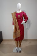 Silk Chanderi embroidered kurta with contrast solid pant and block printed dupatta