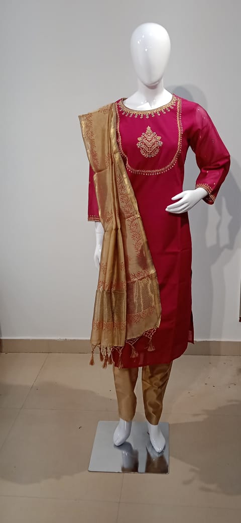 Silk Chanderi embroidered kurta with contrast solid pant and block printed dupatta
