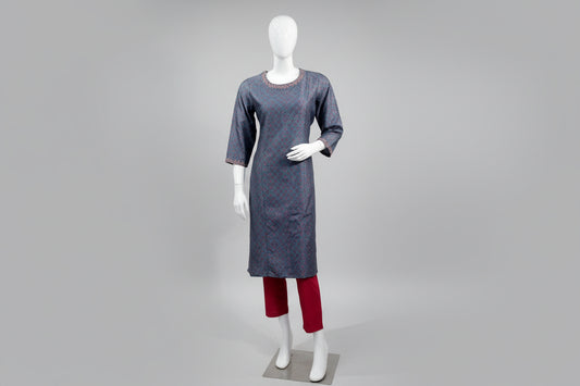 Silk Chanderi Printed  Kurta with neck embroidered and Solid contrast pant