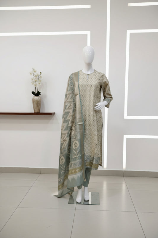 Printed Silk Chanderi 3 pcs Set with self solid pant