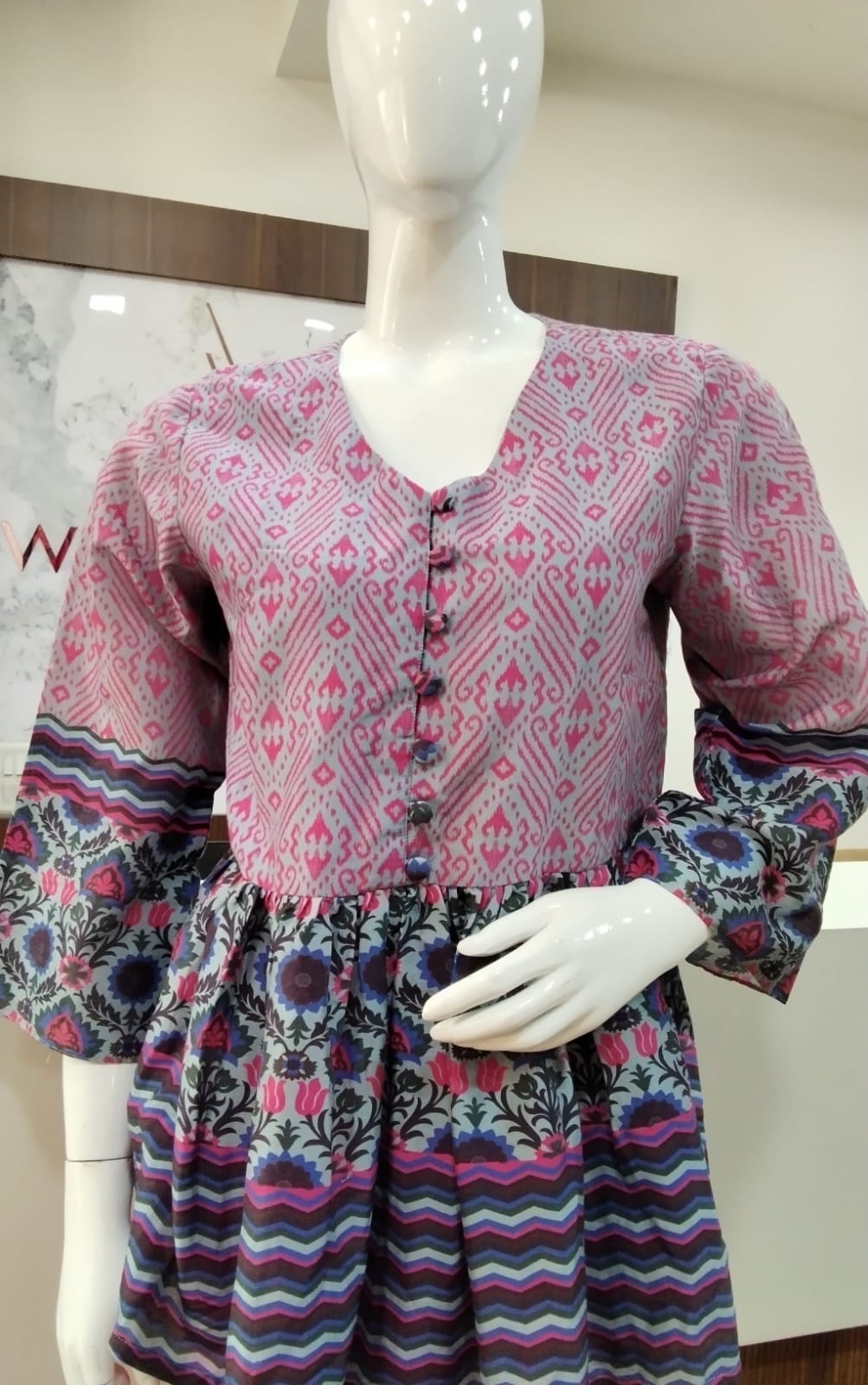 Printed Top WIth Gather and Button