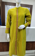Lime Green Side Slit Front Embroidery Kurta with mandarin