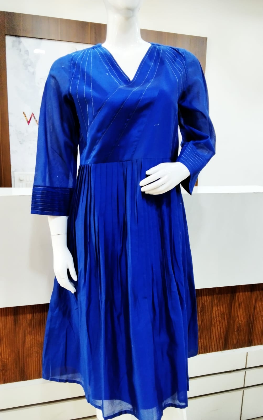 Silk Chanderi Pleated Frock in Royal Blue Colour