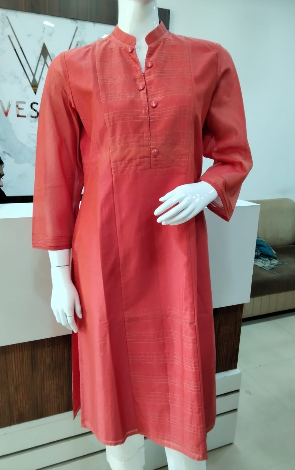 Orange Colour Staight Silk Chanderi Mandarin Collar Kurta