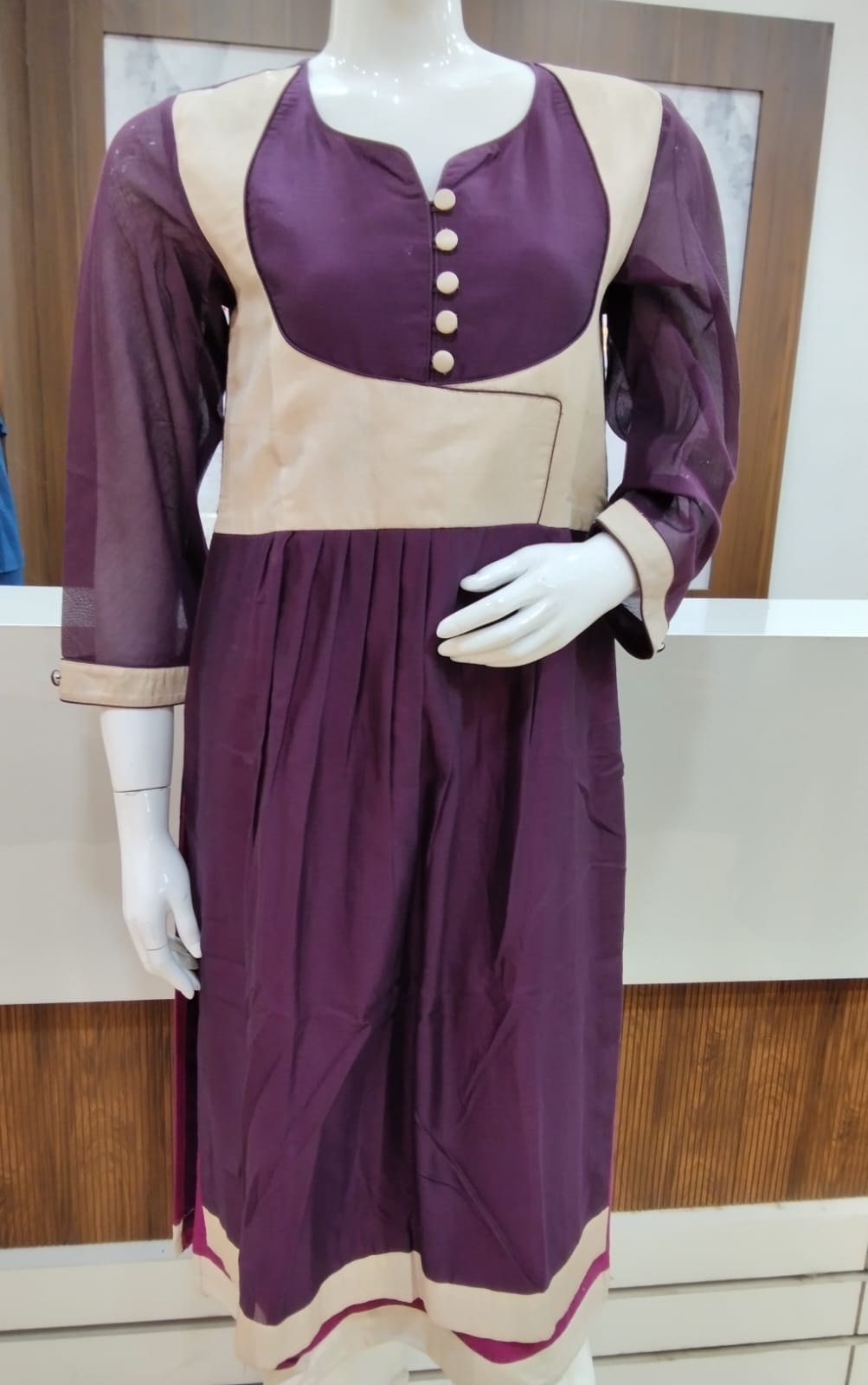 Silk Chanderi Wine coloured straight Kurta with overlap waist court