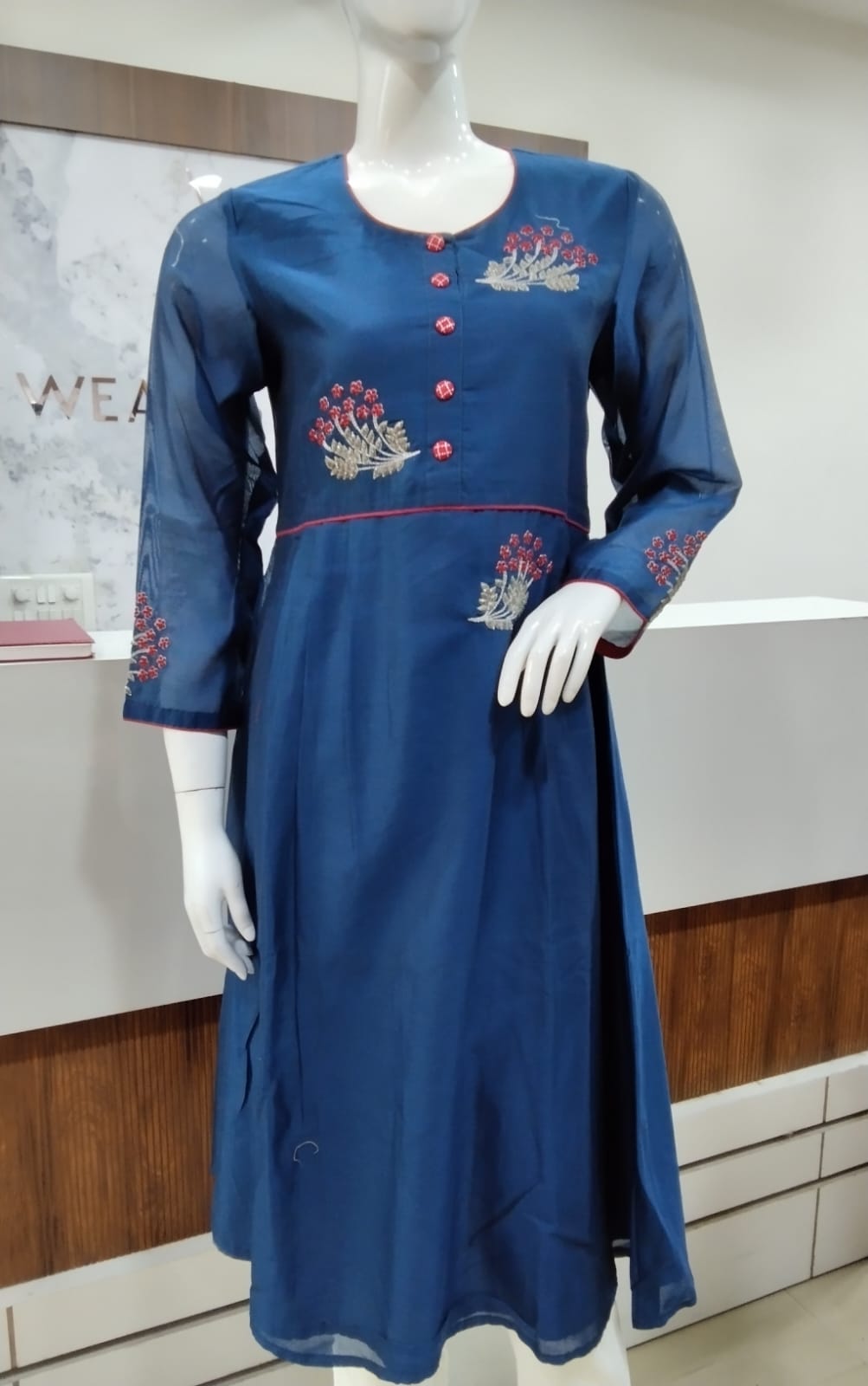 Blue A line Kurta With Hand Embroidered