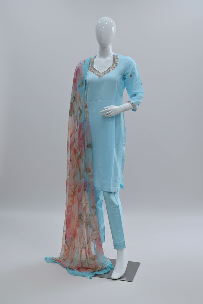 Sky Blue Embroidered Suit with Floral Dupatta