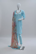 Sky Blue Embroidered Suit with Floral Dupatta