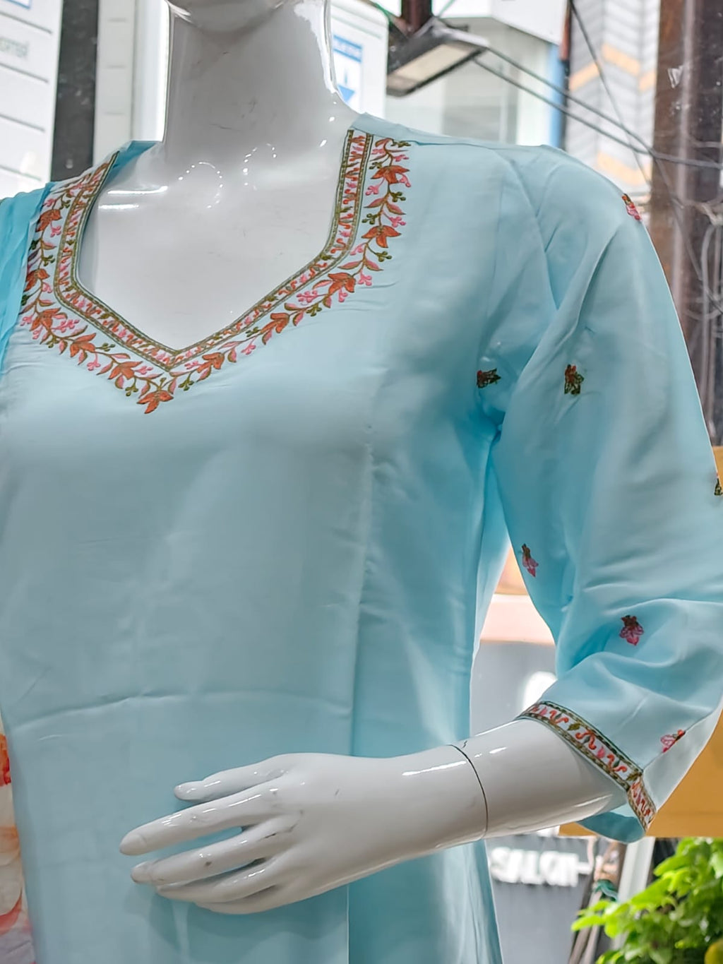 Sky Blue Embroidered Suit with Floral Dupatta