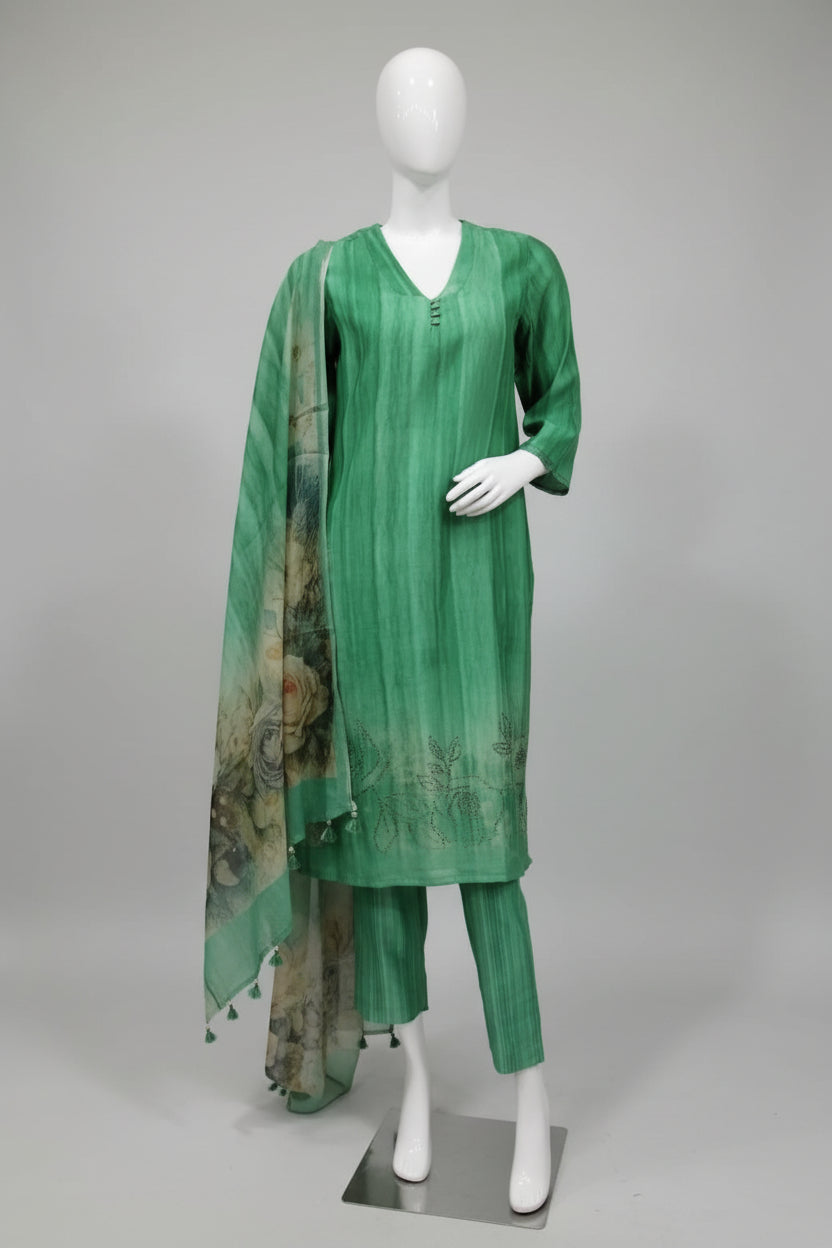 Emerald Verticals Silk Kurta Set with Botanical Dupatta