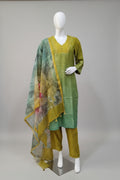 Olive & Sage Ombré Silk Blend Kurta Set with Floral Dupatta