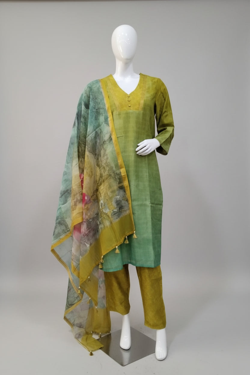 Olive & Sage Ombré Silk Blend Kurta Set with Floral Dupatta