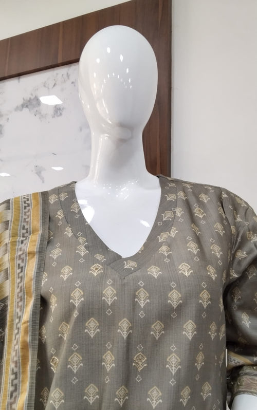 Charcoal Grey Ethnic Printed Kurta Set with Banarasi Block Dupatta