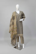 Charcoal Grey Ethnic Printed Kurta Set with Banarasi Block Dupatta