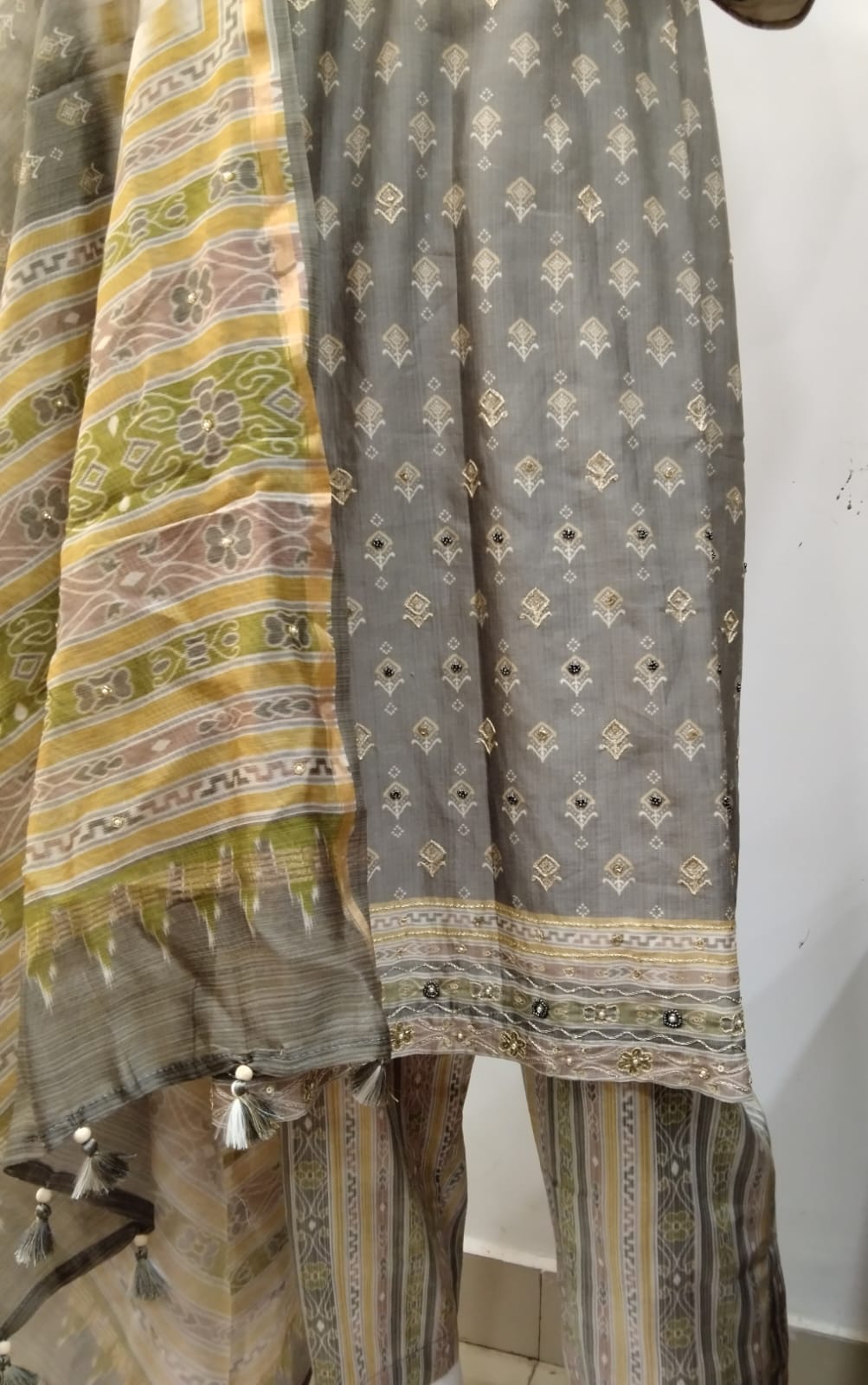 Charcoal Grey Ethnic Printed Kurta Set with Banarasi Block Dupatta
