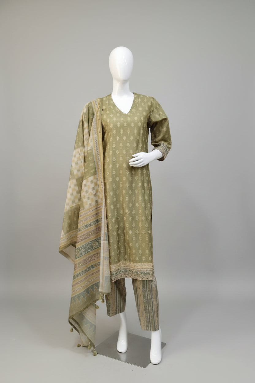 Olive Gold Ethnic Printed Kurta Set with Banarasi Block Dupatta