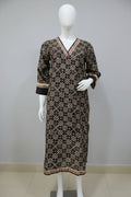 Charcoal Black Geometric Batik Cotton Silk Kurti with Contrast Printed V-Neck Border