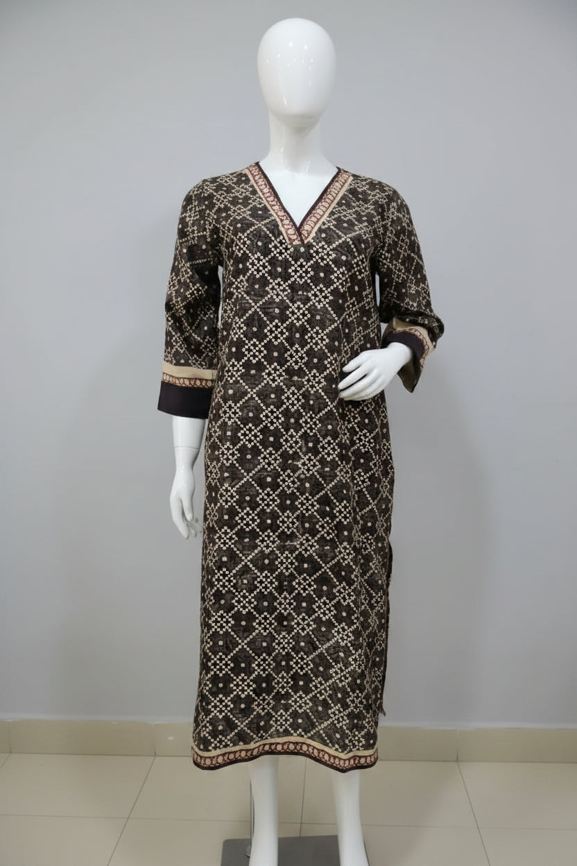 Charcoal Black Geometric Batik Cotton Silk Kurti with Contrast Printed V-Neck Border