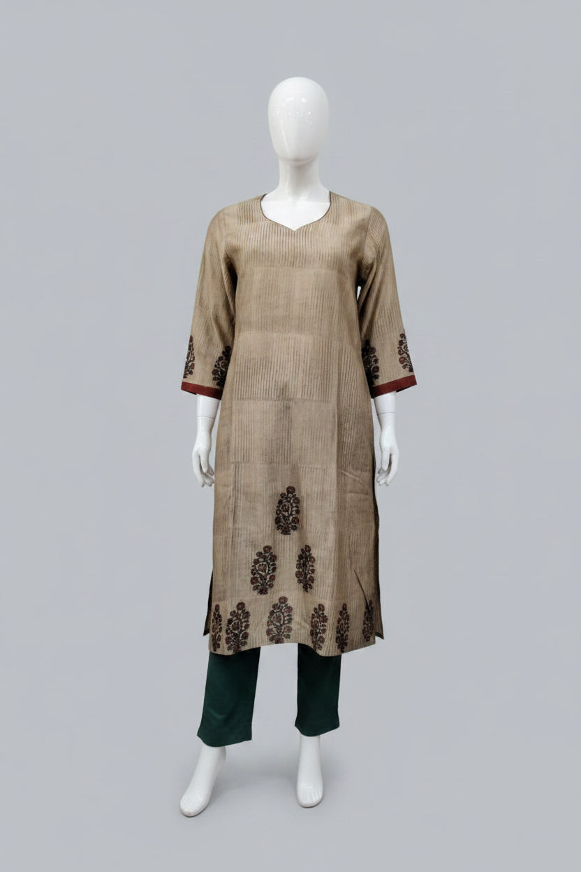 Beige Striped Cotton Silk Kurti with Crimson Piping & Daman Floral Motifs