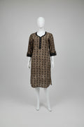 Ebony & Beige Geometric Batik Cotton Silk Kurti with Buttoned Placket