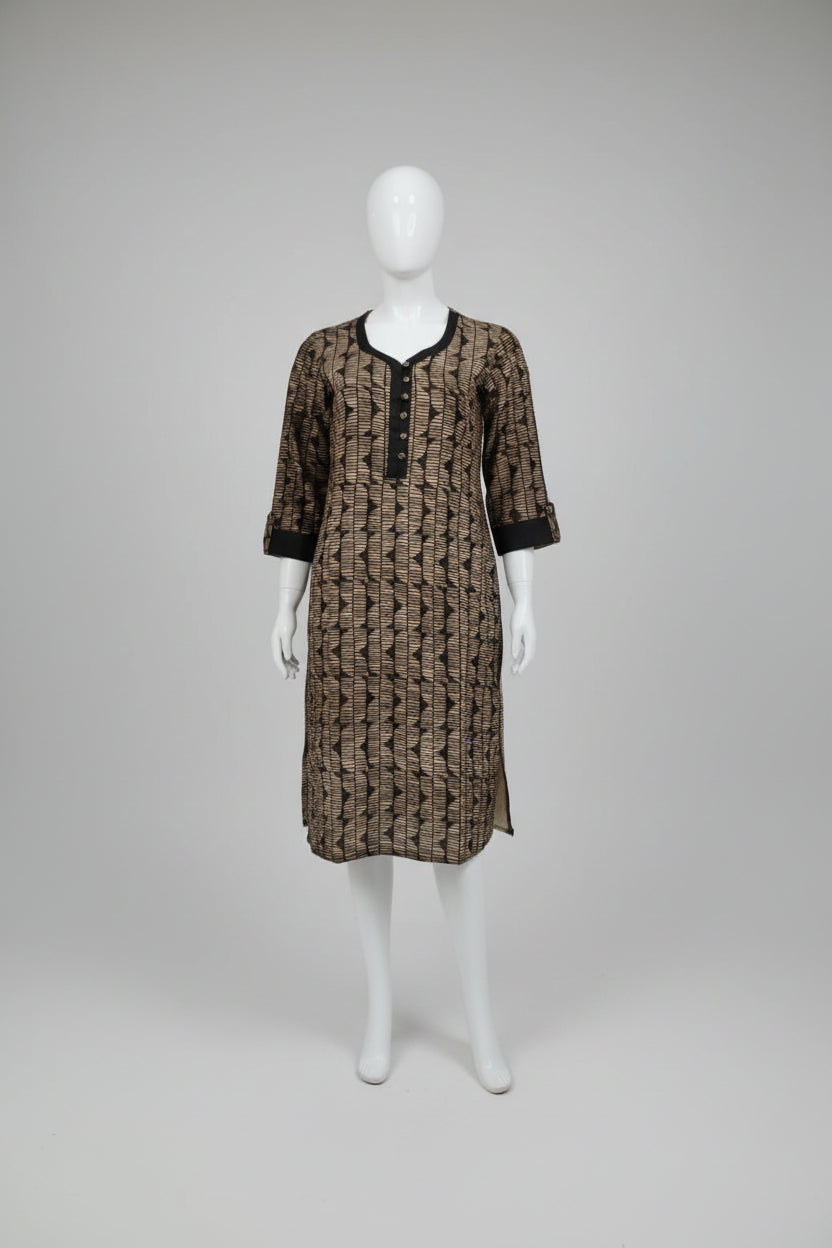 Ebony & Beige Geometric Batik Cotton Silk Kurti with Buttoned Placket