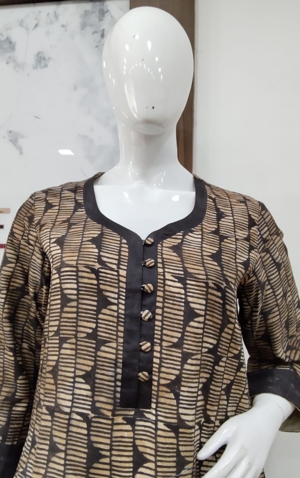 Ebony & Beige Geometric Batik Cotton Silk Kurti with Buttoned Placket