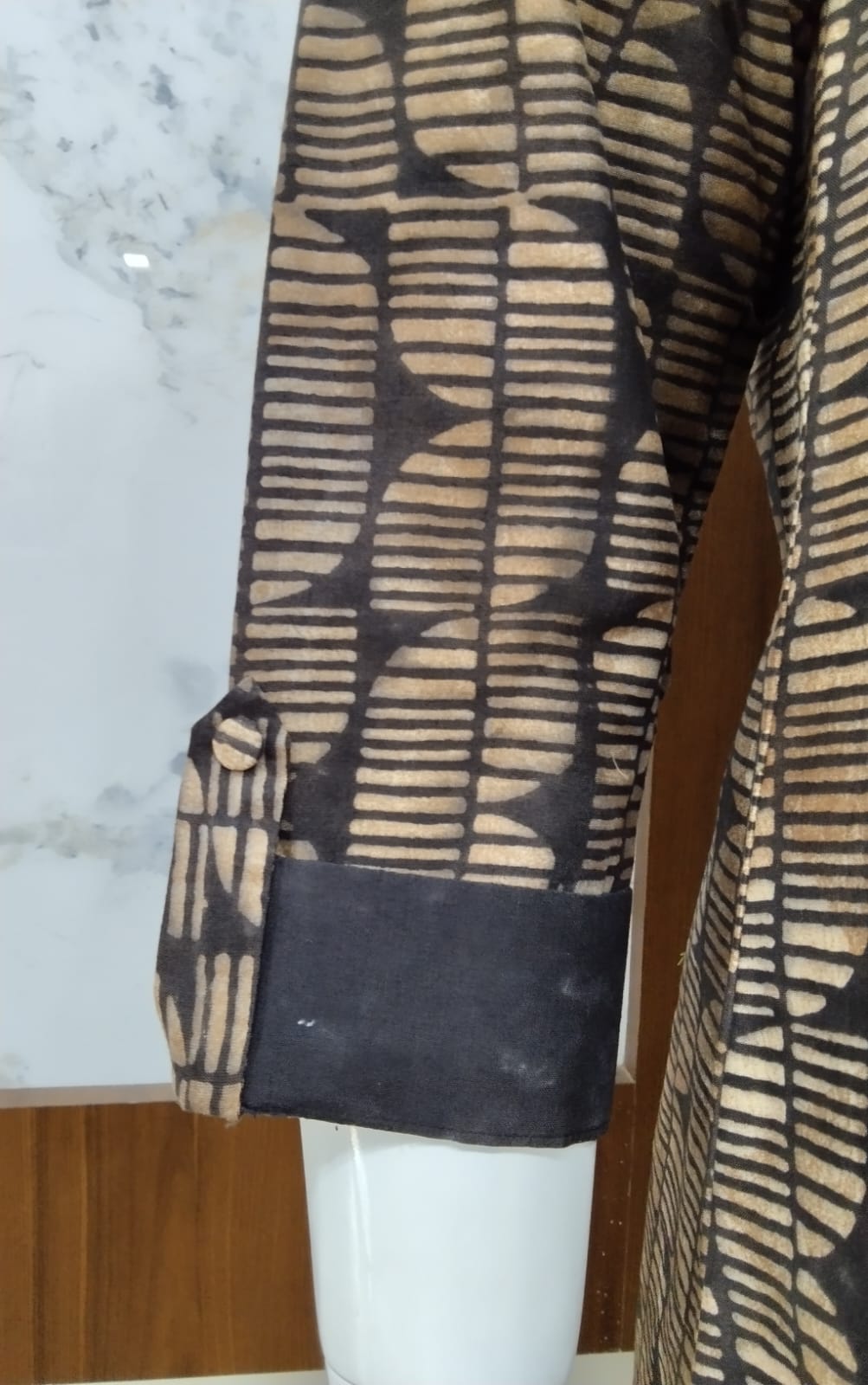 Ebony & Beige Geometric Batik Cotton Silk Kurti with Buttoned Placket