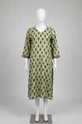 Sage Green & Olive Floral Block Printed Cotton Silk Kurti with Printed Cuff Borders