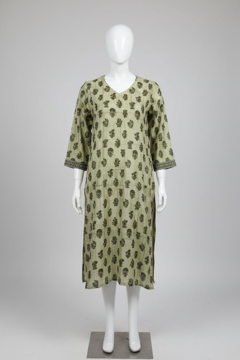 Sage Green & Olive Floral Block Printed Cotton Silk Kurti with Printed Cuff Borders