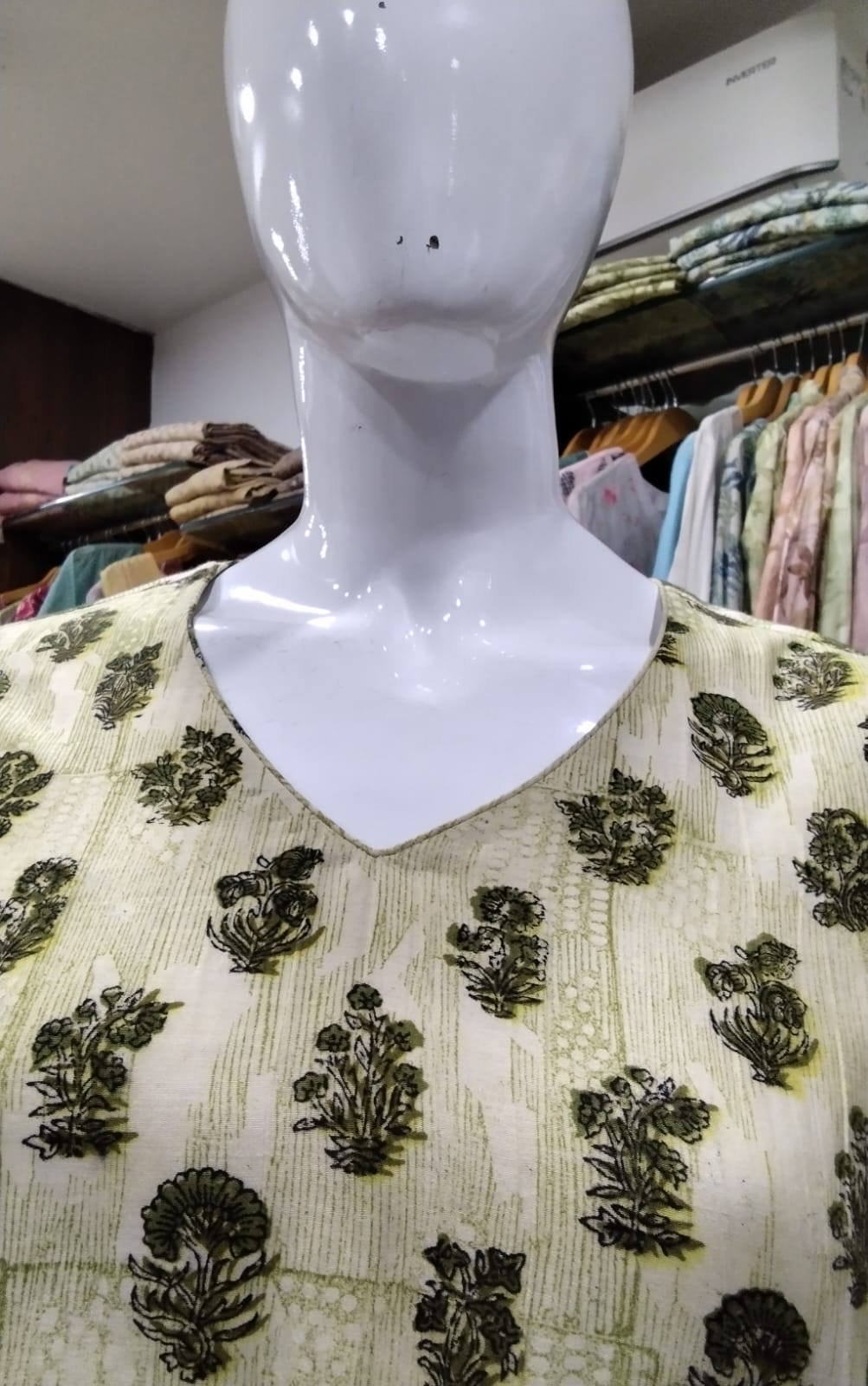 Sage Green & Olive Floral Block Printed Cotton Silk Kurti with Printed Cuff Borders