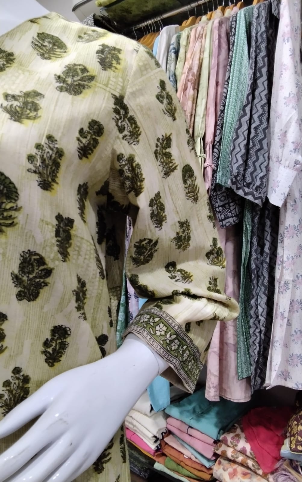 Sage Green & Olive Floral Block Printed Cotton Silk Kurti with Printed Cuff Borders