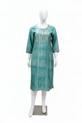 Teal Blue Geometric Striped Cotton Silk Kurti with Pin-Tucked Front Yoke