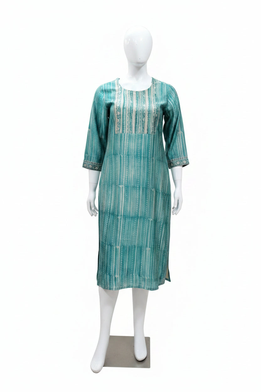Teal Blue Geometric Striped Cotton Silk Kurti with Pin-Tucked Front Yoke