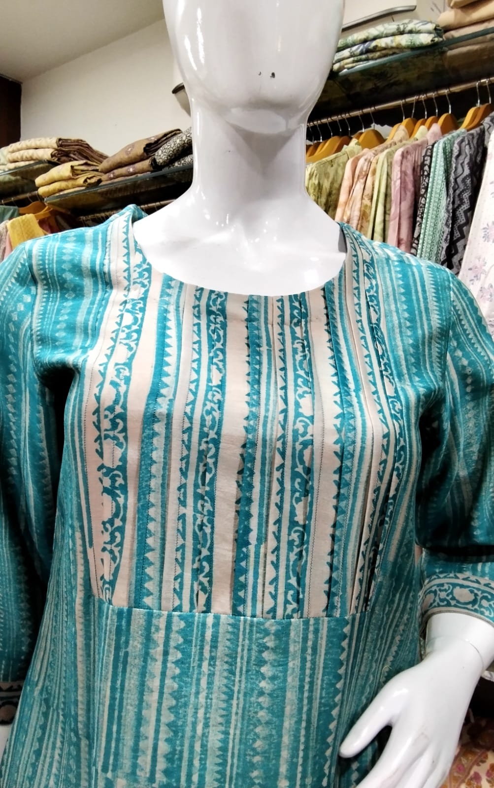 Teal Blue Geometric Striped Cotton Silk Kurti with Pin-Tucked Front Yoke