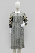 Slate Blue Geometric Cotton Silk Kurti with Contrast Block Printed Sleeves