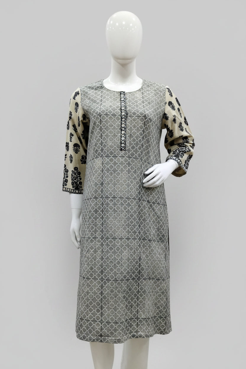 Slate Blue Geometric Cotton Silk Kurti with Contrast Block Printed Sleeves