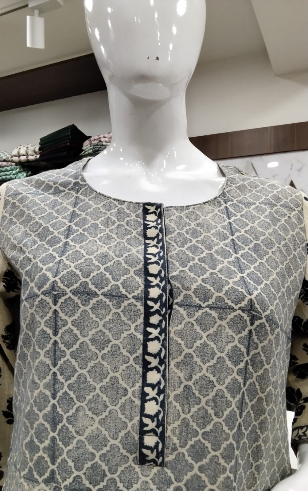 Slate Blue Geometric Cotton Silk Kurti with Contrast Block Printed Sleeves