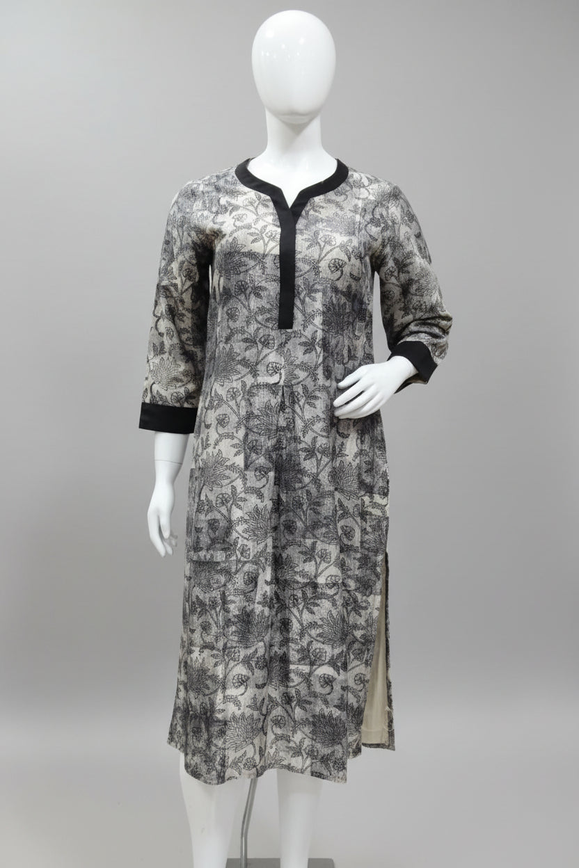 Monochrome Charcoal Grey Cotton Silk Block Printed Kurti with Solid Black Trim
