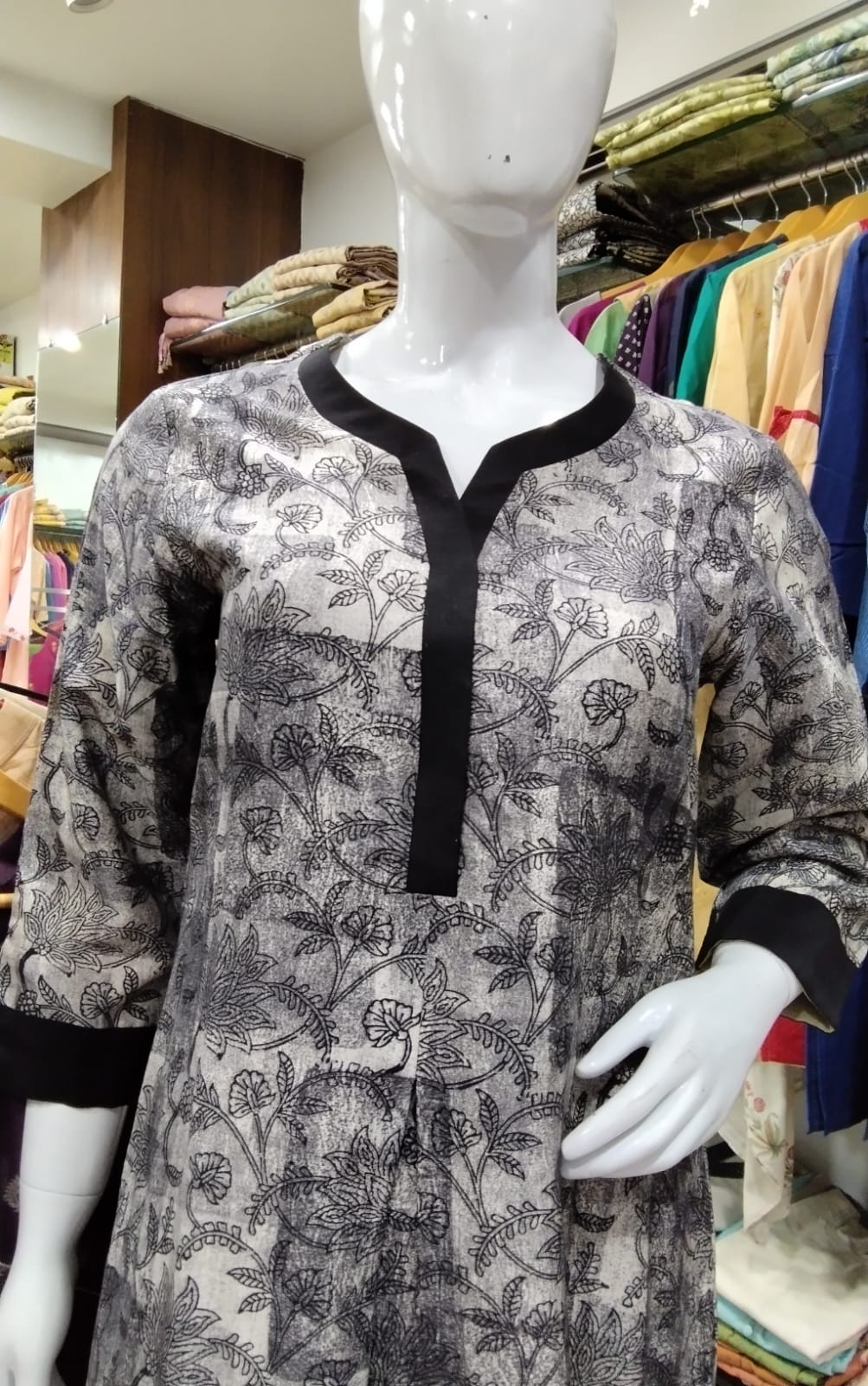 Monochrome Charcoal Grey Cotton Silk Block Printed Kurti with Solid Black Trim