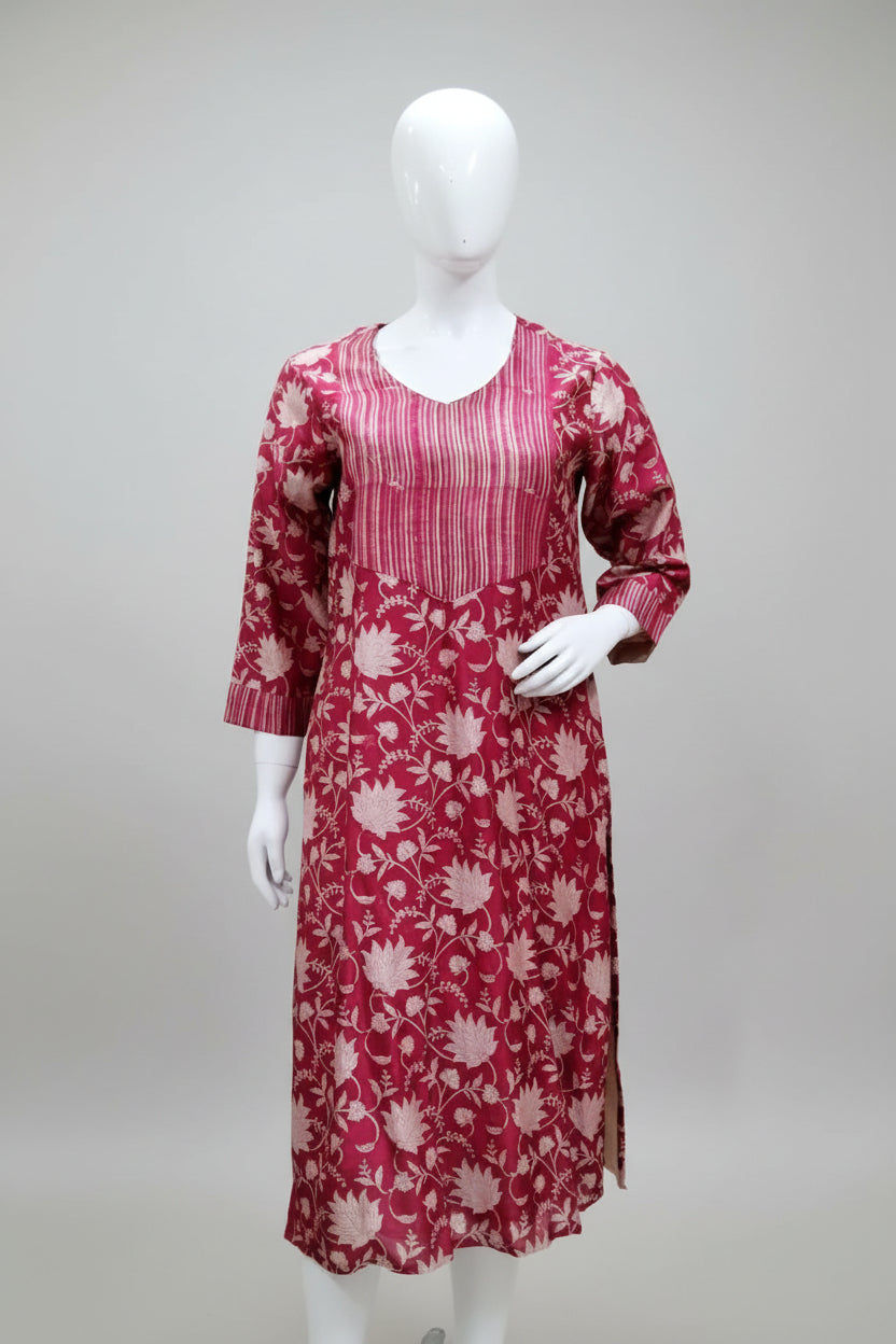 Magenta Pink Floral Cotton Silk Kurti with Striped Front Yoke